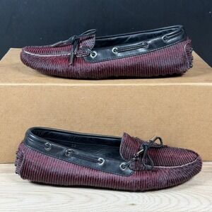 Tods Gommino Driving Shoes Womens 8 Red Black Pony Hair Striped Loafers Italy